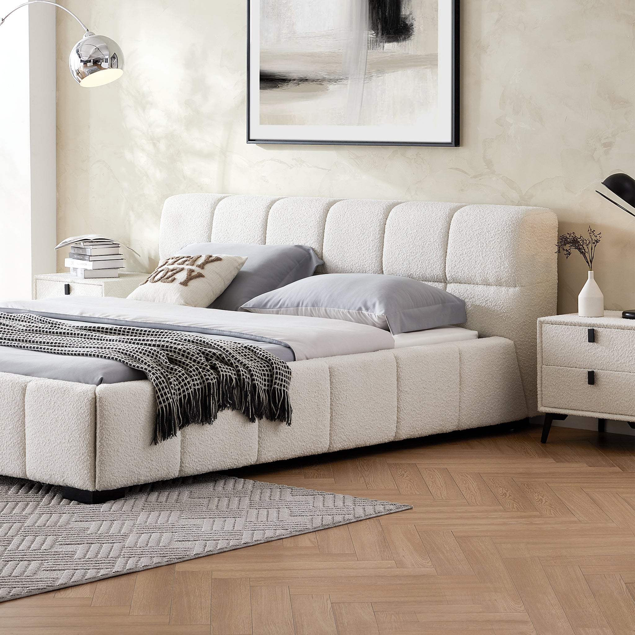 Cushy Boucle Fabric Bed - Contemporary Upholstered Platform Bed in Cream Boucle with Padded Headboard - Image 6