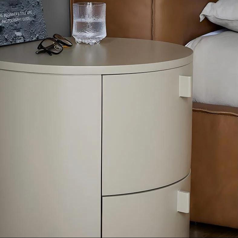 Cream Cylinder Nightstand - Modern Round Bedside Table with Storage in Matte Cream Finish - Image 4