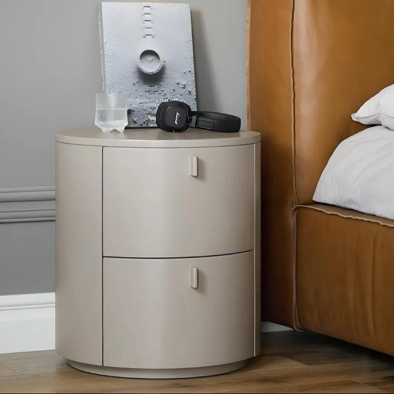 Cream Cylinder Nightstand - Modern Round Bedside Table with Storage in Matte Cream Finish - Image 2
