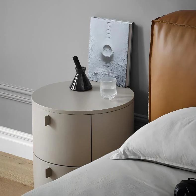 Cream Cylinder Nightstand - Modern Round Bedside Table with Storage in Matte Cream Finish - Image 3