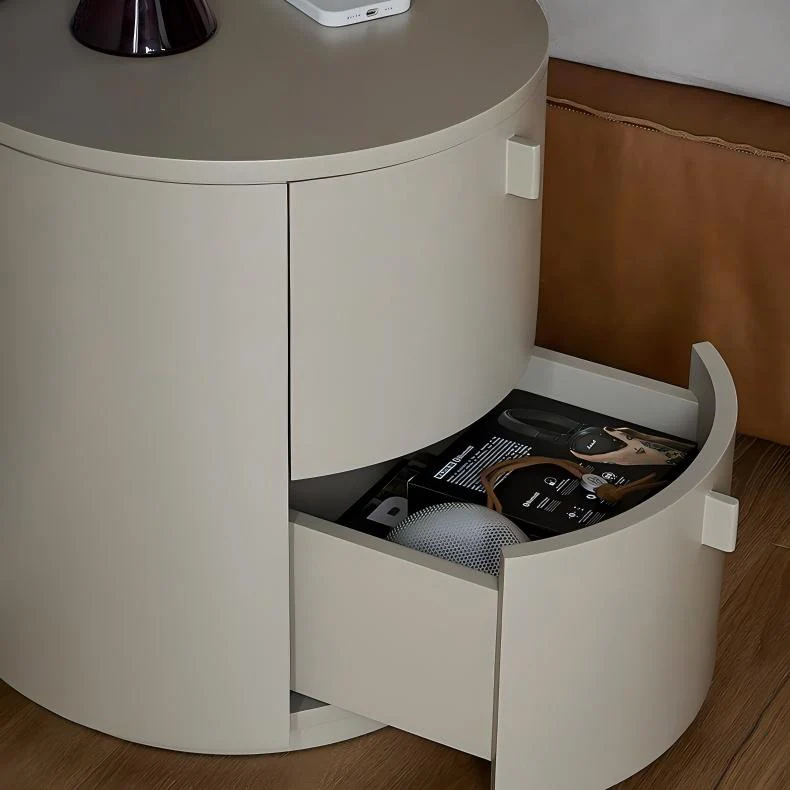 Cream Cylinder Nightstand - Modern Round Bedside Table with Storage in Matte Cream Finish - Image 5